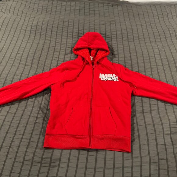 Marvel Comics Red Sherpa fleece lined hooded zipper jacket superhero - I1299  gr - Picture 1 of 11